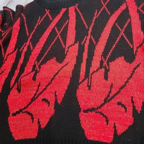 Vintage 80s Red Black Abstract Leaf Lurex Cozy Sweater  Soft Goth - Picture 8 of 14